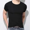 Ny herrkort ärm T-shirt lycra bomullsfast färg Slim Korean tight runda v-ringningsbottens sommar