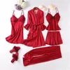 Sleepwear With Lace Women Pajamas Set Sexy 5 Pieces Robe Suit Kimono Gown Sexy Loungewear V-neck Bathrobe Lingerie Nightwear 240402