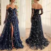 Navy Blue A Line Robes de soirée Sweetheart Side Split Long Robes de bal Sparkly Stars Stuber Stars Formelles Robes pour Occasions spéciales