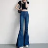 Kvinnors jeans 2024 Spring Blue Denim Flare Pants Women Korean Slim Fit Side Split Woman Vintage High midje Bow Mopping Trousers
