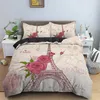 Beddengoed sets Paris Eiffeltoren King dekbed omslag Romantisch thema Sweet Couple Set MicroFiber Red Flowers Coverter voor meisjes tiener