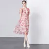 Robes de fête Fashion Rison Spring Summer Pink Floral Mesh Midi Robe Fomen Ve V Neck Short Flower Flower Imprimé High Taie Holiday Vêtements