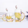 Wine Glasses Rose Enamel Crystal Cup Transparent Coffee Mug With Spoon Flower Tea Glass High-grade Handgrip For Wedding Gift