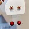 Dangle Ohrringe Vintage Red Pearl Snowflake Stud für Frauen koreanische Mode Herzwinne Ohrring Weihnachten Schmuckjahr Geschenke