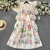 Runway Dresses Summer Holiday Flower Robe Dress Women spets sparkar V-ringning Lång lykta ärm Sashes blommig tryck maxi vestidos kläder 2024