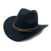 Bérets Unisexe Western Cowboy Hat de laineur large capuche de jazz à bord avec sangle Strap Sun couple Big Bowler Chapeaux