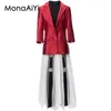 ワークドレスMonaaiyi High Street Runway Fashion Designer女性のシングルボタンBlazer Diamond Set Gauze Skirt Slim Short 3PCS 2024