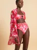Kadın Mayo Moda Kadınlar Pembe Çiçek Baskı Parlak Tek Parça Bikini İki Parçalı Mayo Uzun Peçe Plaj Havuzu Tatil Partisi 2024 Tasarım