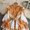 Casual Korean 2024 Dresses Fashion Flower Printed Women Short Dress With Sashes White Yellow Stand Collar Long Sleeve Ladies A-Line Vestidos 2024