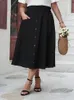 Gibsie Plus Size Black Элегантная летняя длинная юбка Women 2024 Fashion Vintage Высокая кнопка на талии Случайные юбки с карманами 240328