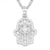 Bijoux hip hop masculin 925 Silver Diamond Fatima Hand Pendant Gold plaqué rond Hamsa Hand pour hommes