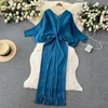 Women Basic Casual Dresses Autumn Gradient Hit Color Irregular Pleated Tassel Dresses Women's V Neck Batwing Sleeve High Stretch Loose Robe Vestidos 2024