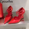Elbise Ayakkabı 2024 Bahar Kadınlar Kama Yüksek Topuk Deri Kadınlar Pompalar Sokak Moda Sivri Ayak Parti Tasarımcısı Kırmızı Kadın