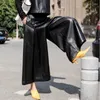 Kvinnors byxor toppkvalitet fårskinn kvinnor höst vinter lös bred ben streetwear vintage svart elastisk midja kontor lady byxor