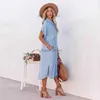 New fashionable solid color denim short sleeved dress medium length split lining dress