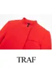 Traf eleganta kvinnor röd lapel kort jacka vintage långärmad snapButton kvinnlig ytterkläder chic toppar kostym 240401