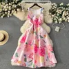 Women Basic Casual Dresses Runway Designer Jacquard Summer Dress Women's Sleeveless Tank O Neck Vacation Floral Print Belt Ball Gown Robe Vestidos 2024