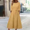 Vestidos casuais mulheres cor sólida vestido plissado elegante primavera verão de manga curta redonda pescoço solto com cinto