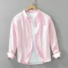 Camicie casual da uomo camicia in lino in cotone rosa per uomini 2024 abbigliamento a maniche lunghe a turno estivo