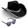 Bérets 2pcs Color blanc Chapeaux de cowboy coeur Lunettes de soleil Set Adulte Sinimmering Sequins Trim pour fête