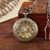 Pocket Watches Antique Brozne Transparent Gear Skeleton Mechanical Automatic Self Wind Pocket Vintage Pendant Fob Es Religio de Bolso L240402