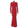 Casual Dresses OMSJ Red Women Elegant Luxury Evening Party Dress Long Sleeve Halter Draped Fitted Maxi Spring 2024 Sheath Vestidos