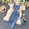 Casual jurken zomer vrouwen rok twee delige set sexy v-neck ctopped denim vest hoge taille rokken Koreaanse dames mouwloze pakken s s s s s s