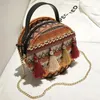 Bag 2024 Ethnic Embroide Design Round Metal Portable Shoulder Tassel Handbag Fashion Chain Crossbody Mini Messenger