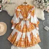 Korean Casual Dresses Fashion Flower Printed Women Short Dress With Sashes White Yellow Stand Collar Long Sleeve Ladies A-Line Vestidos 2024