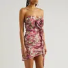 Casual jurken 3d roze elastiek gewikkeld borst damesjurk vouwt schouder vintage sexy short in elegante jurk chiffon bloemen