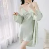 Ev Giyim Pijama Kadınlar Çöp Nightgown Suit Seksi Dantel İki Parçalı Boynaz Seti Yaz Saten Kimono Elbise Güğ giyim Loungewear