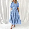 Casual Dresses Women's Button Down Shirt Dress Summer Fashion Short Puffy Sleeve Tiered Ruffle Flowy Long