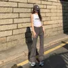 2024 Spring New Spicy Girl Work Pants Womens High midja Slimming Multi Pocket American Micro Horn Wide Long Long Pants