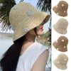 Berets Straw Bucket Hat For Women Sweet Boho Flower Pleedbare Panama Visors Zomer Zonnebrandcrème UV Bescherming Travel Holiday Strand Zon Caps