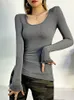 Damen T-Shirts 2024 Frauen Kleidungsstücke passen lässige elastische Baumwolle festes O-Neck Full Sleeve T-Shirt