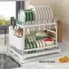 Kitchen Storage 2 Tier Dish Drying Rack Counter Organizer With Drainboard And Utensil Holders Carbon Steel Drainer Set
