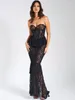 Lässige Kleider eleganter Spitzen Patchwork durch sexy Maxi Kleiderparty Abend Rüschen solide trägerlose Rückenoutfits