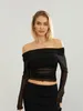 Kvinnors T -skjortor Kvinnor Elegant Off Shoulder Crop Tops Y2K Mesh Sheer Long Sleeve Sexig See Through Slim Fit Bluses