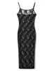 Mode spaghetti -riem doorziet door midi dres zwart sexy pure mesh kanten bloemenjurken chique y2k strand outfits vestidos 240402