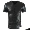 Men'S T-Shirts Mens Shiny Sier Metallic Nightclub Wear T Shirt Men 2022 Geometric Pattern Stage Prom Shirts Slim Fit V Neck T-Shirt Dr Dhbhw