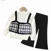 Trousers Girls Sweater Set Girls Fake Two Piece Plaid Sweater+Knitted Flare Pants 2023 Autumn Winter New Childrens Clothing Set L46