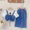 Calças de verão infantil garotas cenas suspensas de jeans +curto seve +calça larga g 3pcs moda moda bebês roupas roupas l46