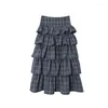 Skirts RORORIRI Multi-layered Ruffle Long Plaid Skirt Women Korean Vintage Gray Low Waist Cake Casual Jk School Y2k Streetwear