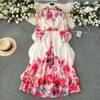 Casual Women Basic Dresses 2024 Fashion Holiday Gorgeous Flower Maxi Dress Women's Stand Long Lantern Sleeve Linen Floral Print Sashes Boho Robe Vestidos 's