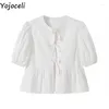 Camicette da donna yojoceli estate bianche donne inchina camicetta casual blusa nere o collo alla moda manichette corto top eleganti volatini quotidiani quotidiani