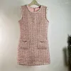 Casual Dresses Small Fragrance Sequins Fashion Basic Sleeveless Round Neck Dress Temperament Slim Elegant Chic Tweed Vest Pink