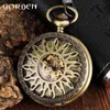 Pocket Watches Vintage Silver Steampunk Sun Flower Hollow Design Mechanical Pocket Male Clock Skeleton Hand Wind Men With FOB Chain L240402