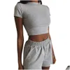 Kvinnors träningsdräkter kvinnor 3 färger kvinnors kläder avslappnad outfit kort hylsa hög midjeshorts 2 stycke set mode bodycon s-xl dro dhqvk