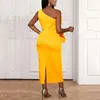 Casual Dresses Elegant Yellow For Women One Shoulder Ruffles Sleeveless Sheath Package Hips Ankle Length Luxury Birthday Party Dress