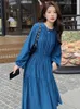 Повседневные платья Lanmrem Fashion Blue Женское платье с рукавами фонаря A-Line Aperatile 2024 Spring Clothing 2DA4215